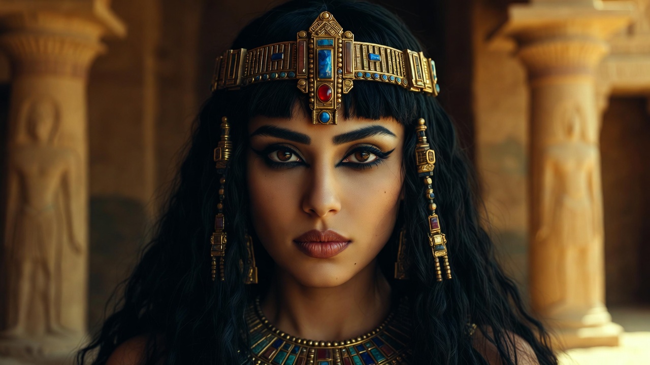 Shakespeare's Cleopatra in regal Egyptian attire, dramatic portrait highlighting power and charisma