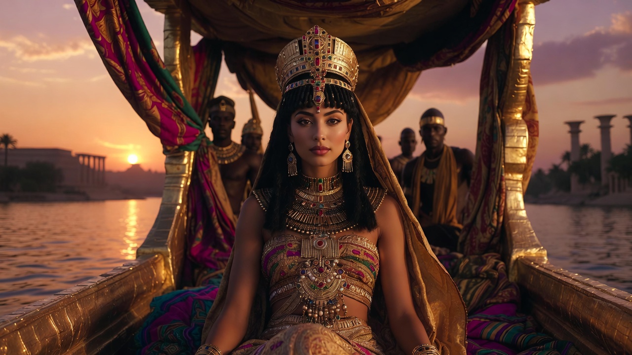 Cleopatra on her golden barge, iconic scene from Shakespeare's Antony and Cleopatra evoking infinite variety