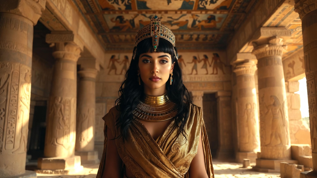 Regal Cleopatra in ancient temple, embodying power, performance, and immortality in Shakespeare's tragedy