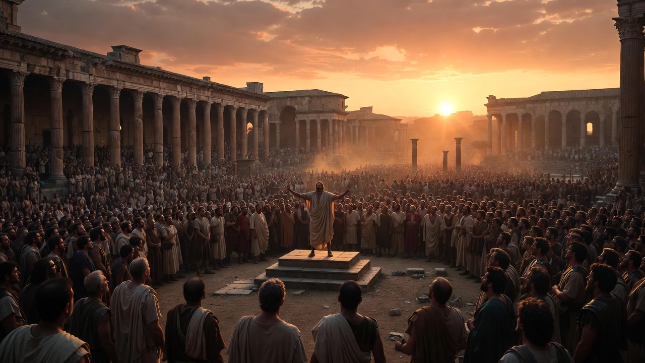Ancient Roman crowd scene during Mark Antony's famous funeral oration in Shakespeare's Julius Caesar