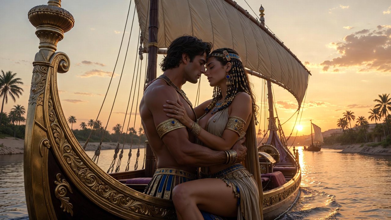 Romantic scene of Mark Antony and Cleopatra on the Nile barge in Shakespeare's Antony and Cleopatra