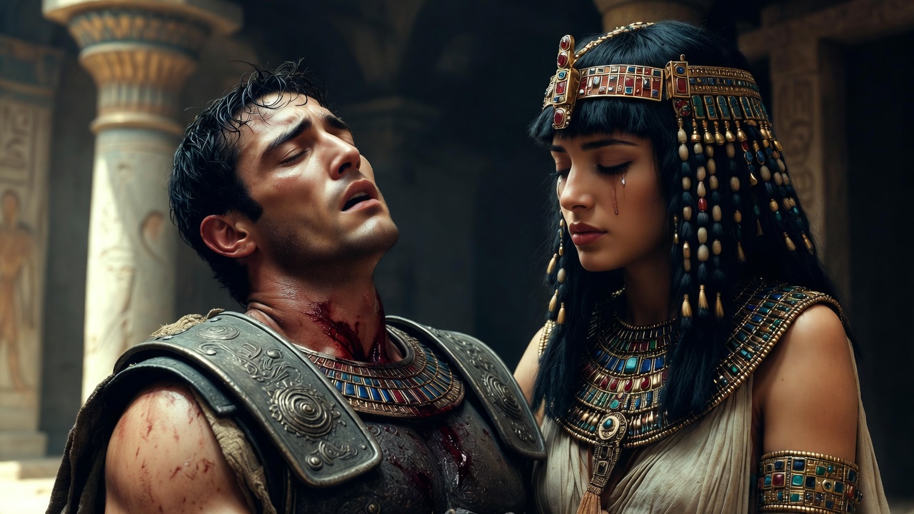 Tragic farewell of dying Mark Antony in Cleopatra's arms from Shakespeare's Antony and Cleopatra