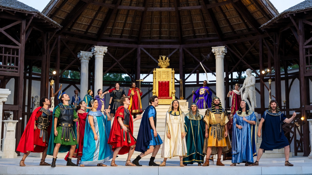 Ensemble cast performing epic scene in 2024 bilingual Antony and Cleopatra at Shakespeare's Globe