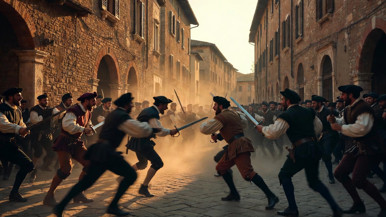 Dramatic opening street brawl between Montagues and Capulets in Verona – Romeo and Juliet Act 1 Scene 1
