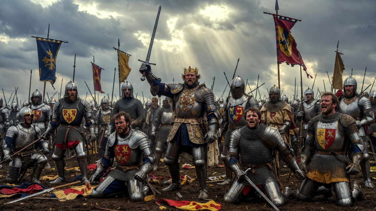 Henry V celebrating victory at Agincourt battle in Shakespeare history play.