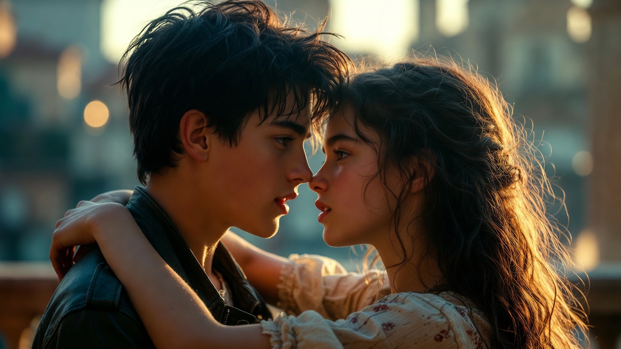 Young star-crossed lovers embracing in Shakespearean romantic style representing Romeo and Juliet theme