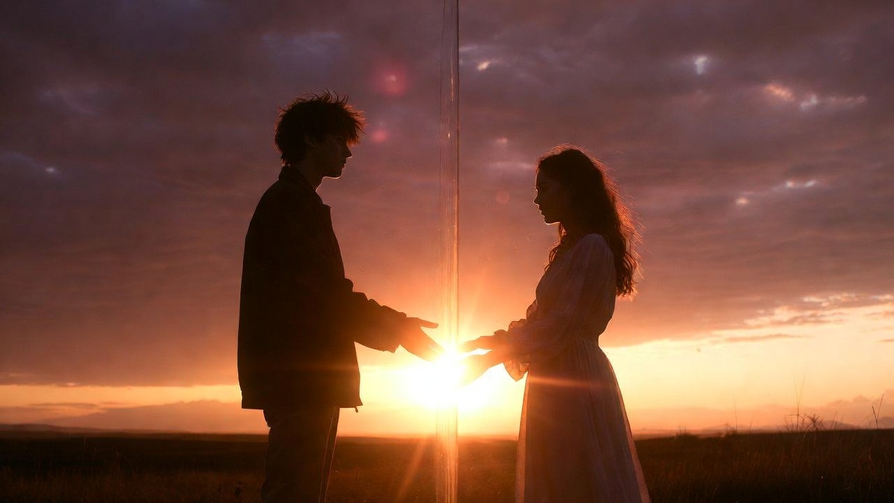 Silhouette of separated young lovers at sunset representing tragic consequences of rigid laws like in Romeo and Juliet