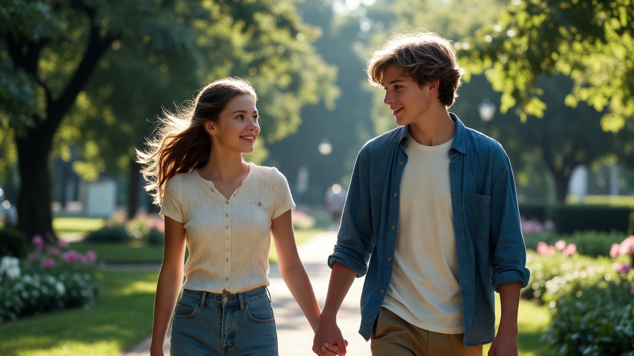 Young teenage couple holding hands in a park representing close-in-age consensual relationships protected by Romeo and Juliet laws