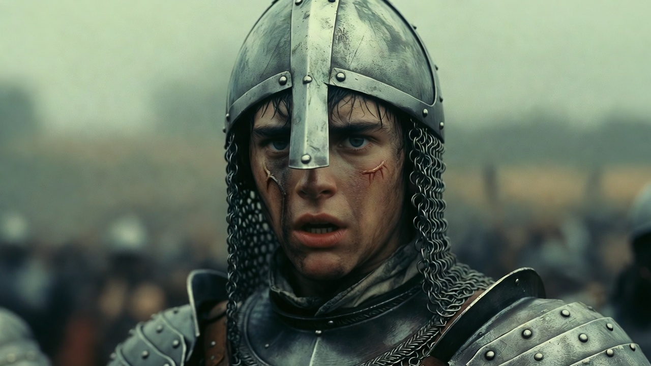 Timothée Chalamet as Henry V with visible facial scar in The King 2019 movie adaptation scene