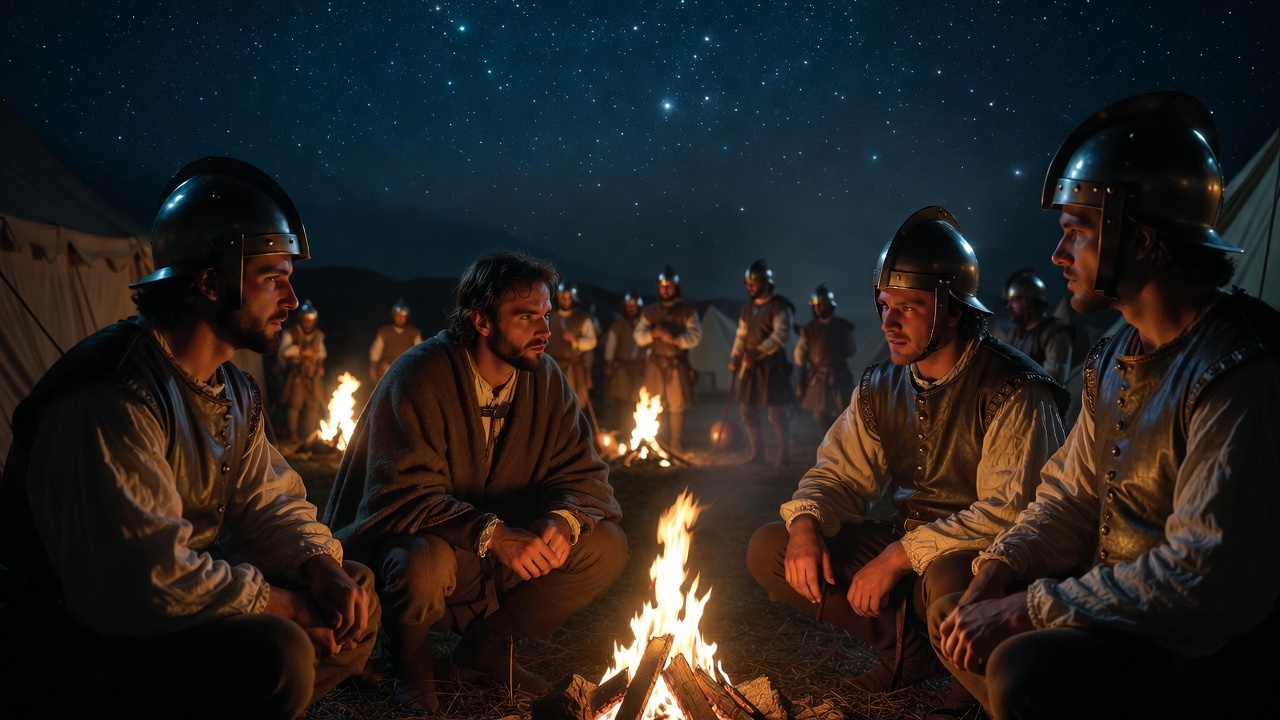 Disguised King Henry V talking to soldiers at night in Shakespeare's Henry V