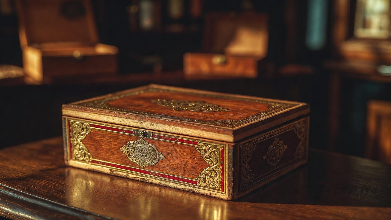 Vintage wooden Antonio y Cleopatra cigar box showcasing classic 19th-century tobacco packaging design