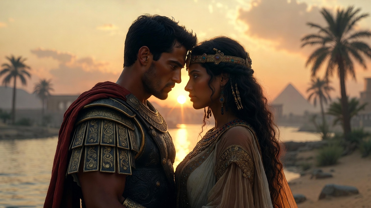 Romantic historical depiction of Mark Antony and Cleopatra evoking Shakespeare's tragic love story