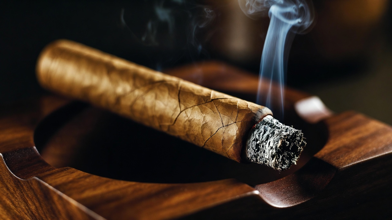 Lit mild Antonio and Cleopatra cigar with perfect burn and aromatic smoke