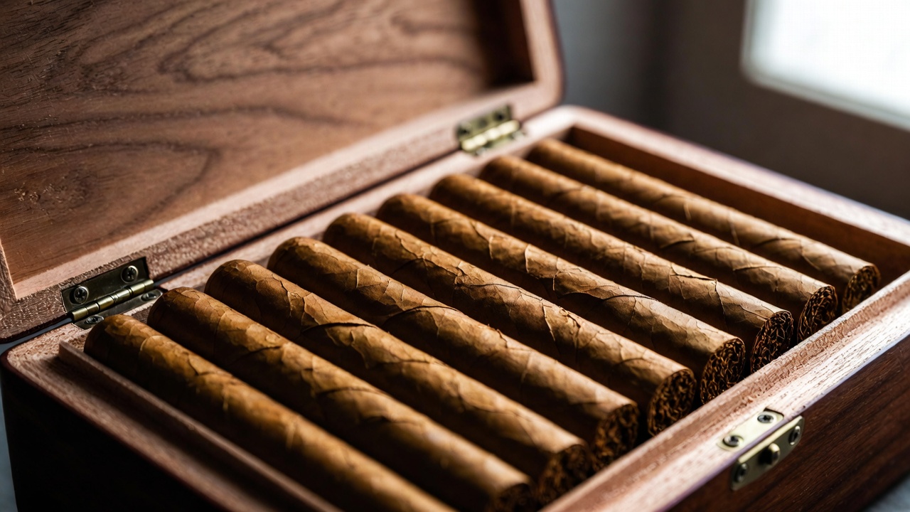 Open box of high-quality machine-made Antonio and Cleopatra cigars displaying rich wrappers