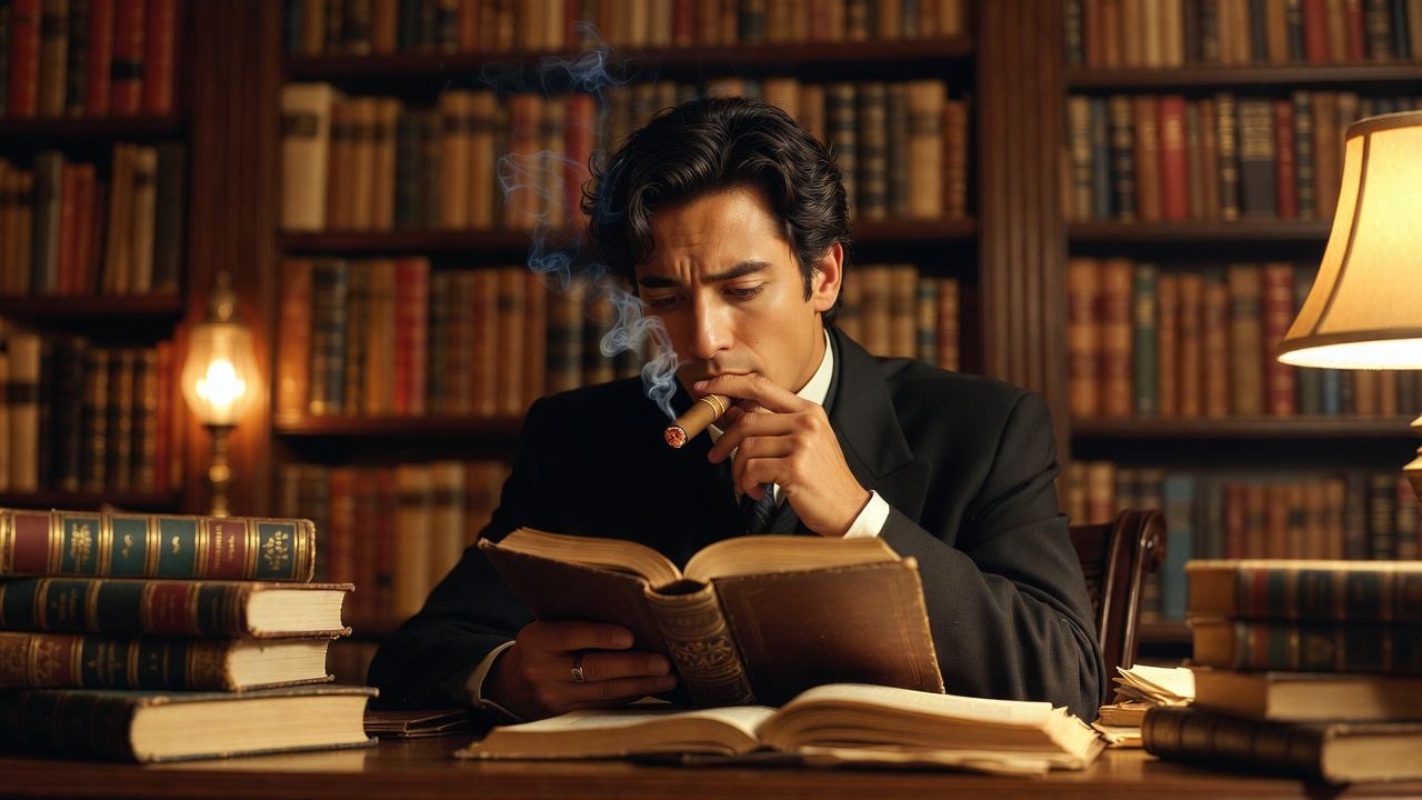 Person enjoying a cigar while reading Shakespeare in a cozy vintage library setting