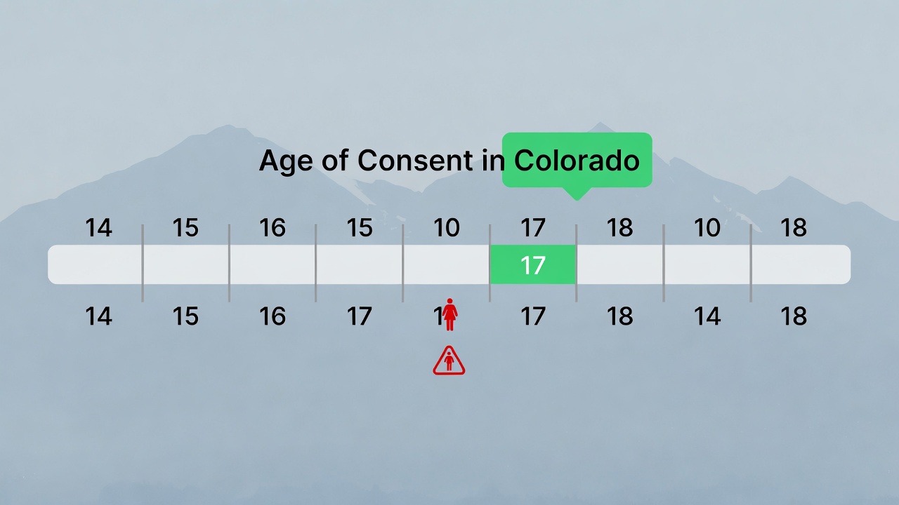 Colorado age of consent timeline showing 17 as the legal age with protective boundary