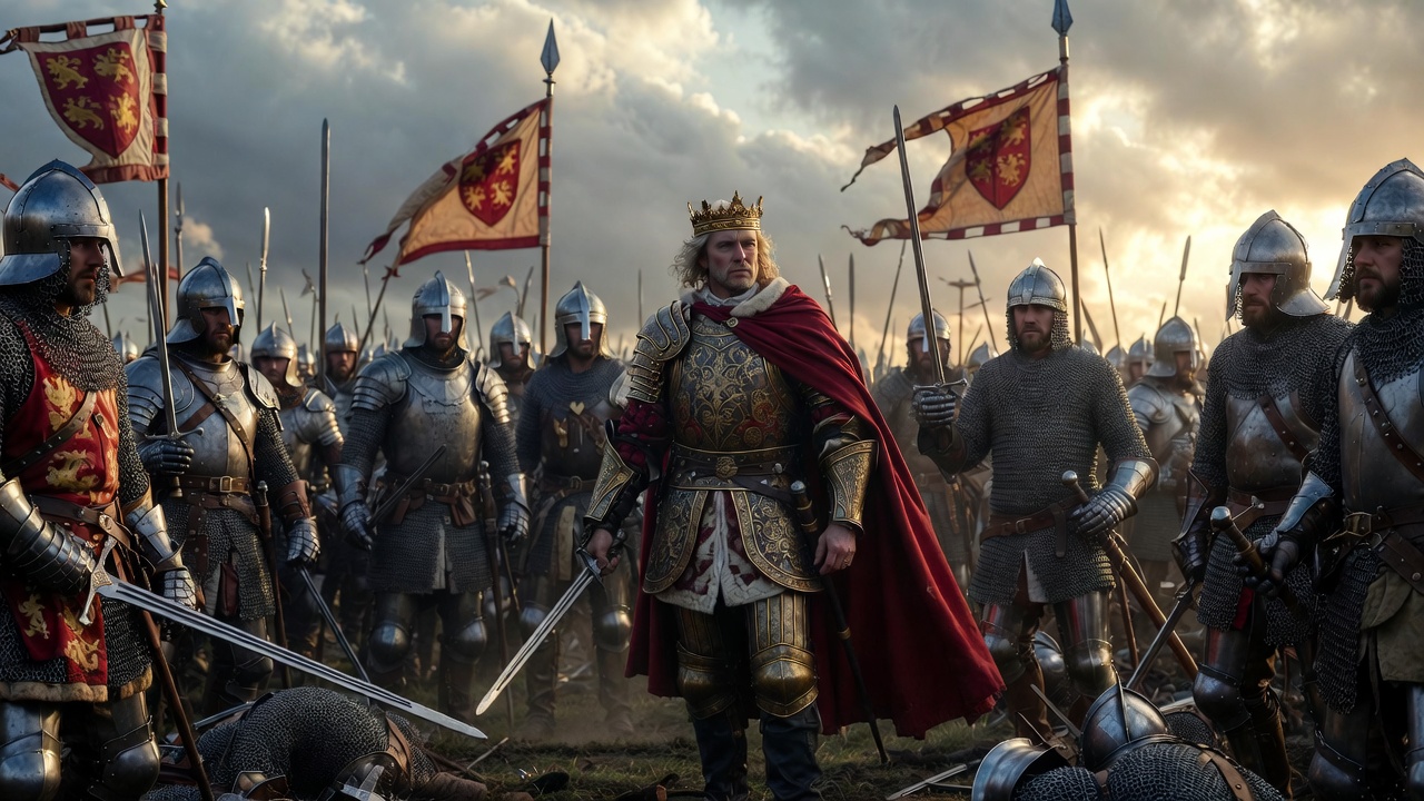 King Henry V inspiring his troops on the battlefield in Shakespeare's Henry V