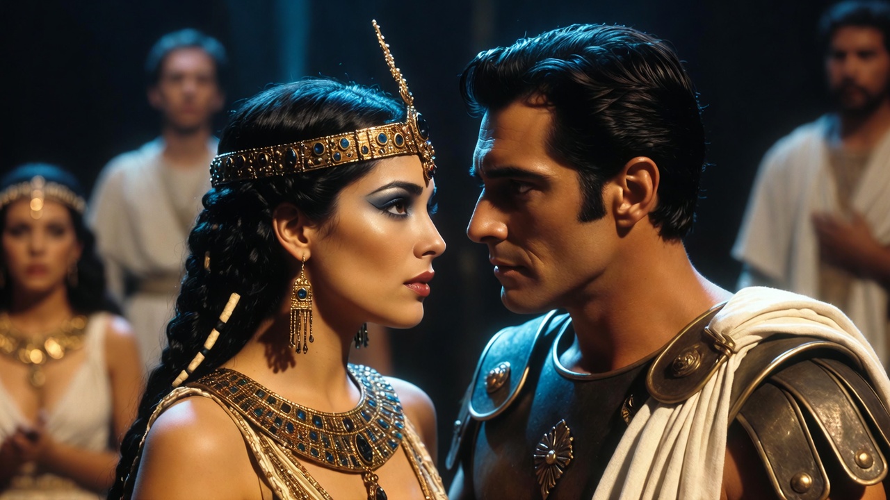 Passionate embrace between Cleopatra and Mark Antony in Folger Theatre 2017 intimate production