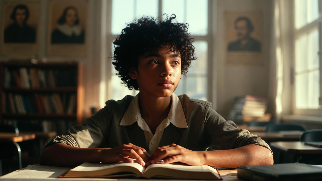 Inspiring moment of high school student deeply engaged with Shakespeare text