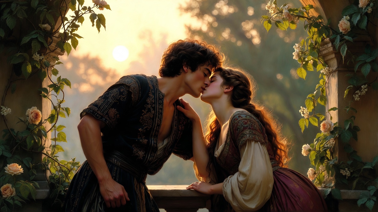 Frank Dicksee Romeo and Juliet 1884 balcony scene passionate farewell kiss Pre-Raphaelite painting