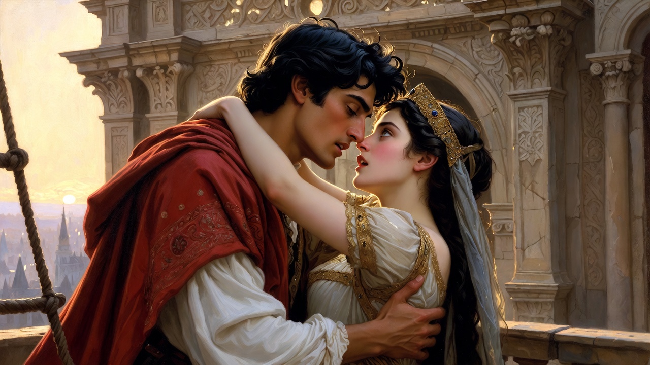 Ford Madox Brown Romeo and Juliet passionate balcony embrace Pre-Raphaelite painting 1870