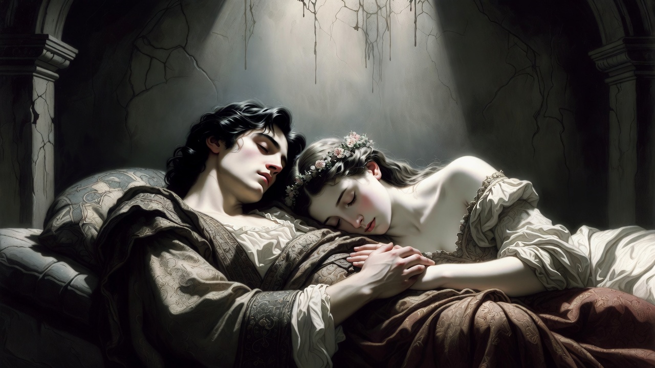 Romeo and Juliet dead in tomb tragic final scene classical romantic painting