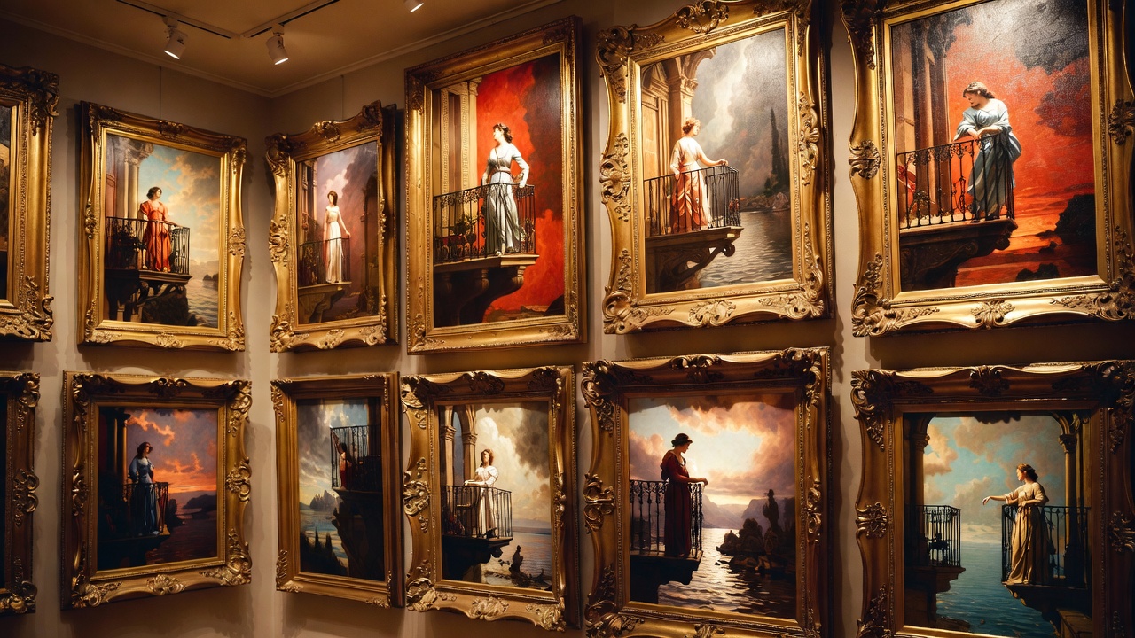 Collection of iconic Romeo and Juliet balcony scene paintings Pre-Raphaelite gallery wall