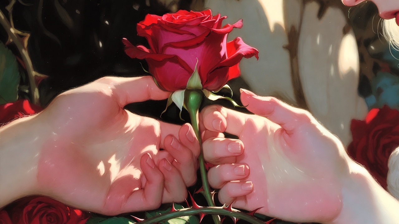 Symbolic Romeo and Juliet hands and rose thorns forbidden love Pre-Raphaelite detail