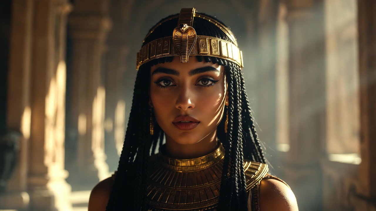 Young Cleopatra VII ascending to power in an Alexandrian palace, historical reconstruction