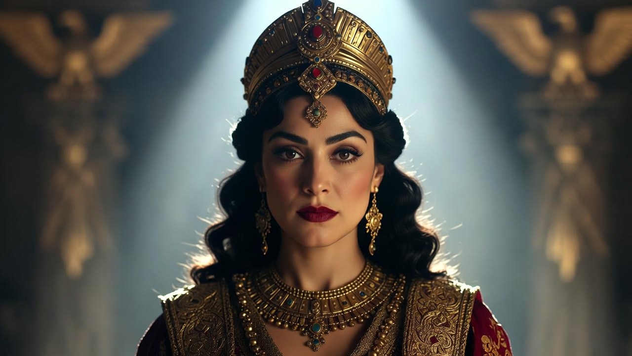 Shakespeare's Cleopatra in defiant regal pose, showcasing political genius and resistance in Antony and Cleopatra