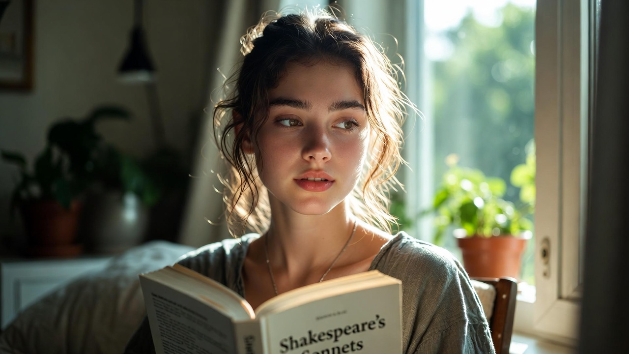 Modern woman reading Shakespeare’s sonnets, connecting Sonnet 130’s honest love to today’s body positivity