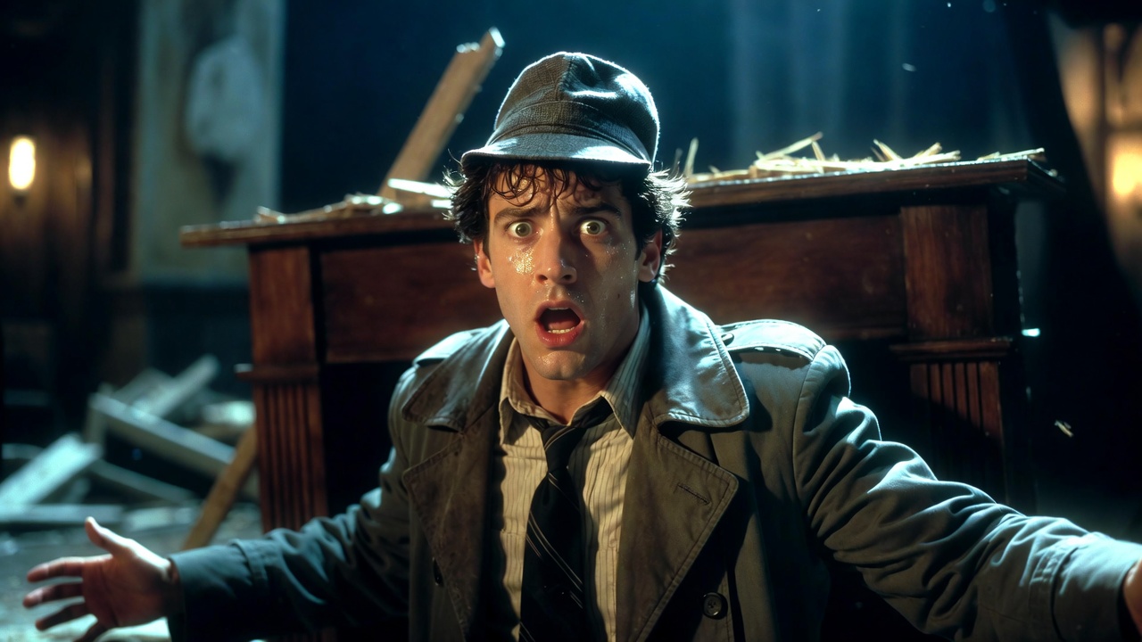 Chris Bean as Inspector Carter desperately saving the collapsing set in The Play That Goes Wrong