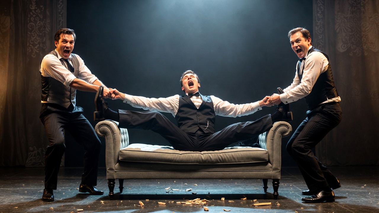 Jonathan Harris as the stubborn corpse Charles Haversham being dragged in The Play That Goes Wrong