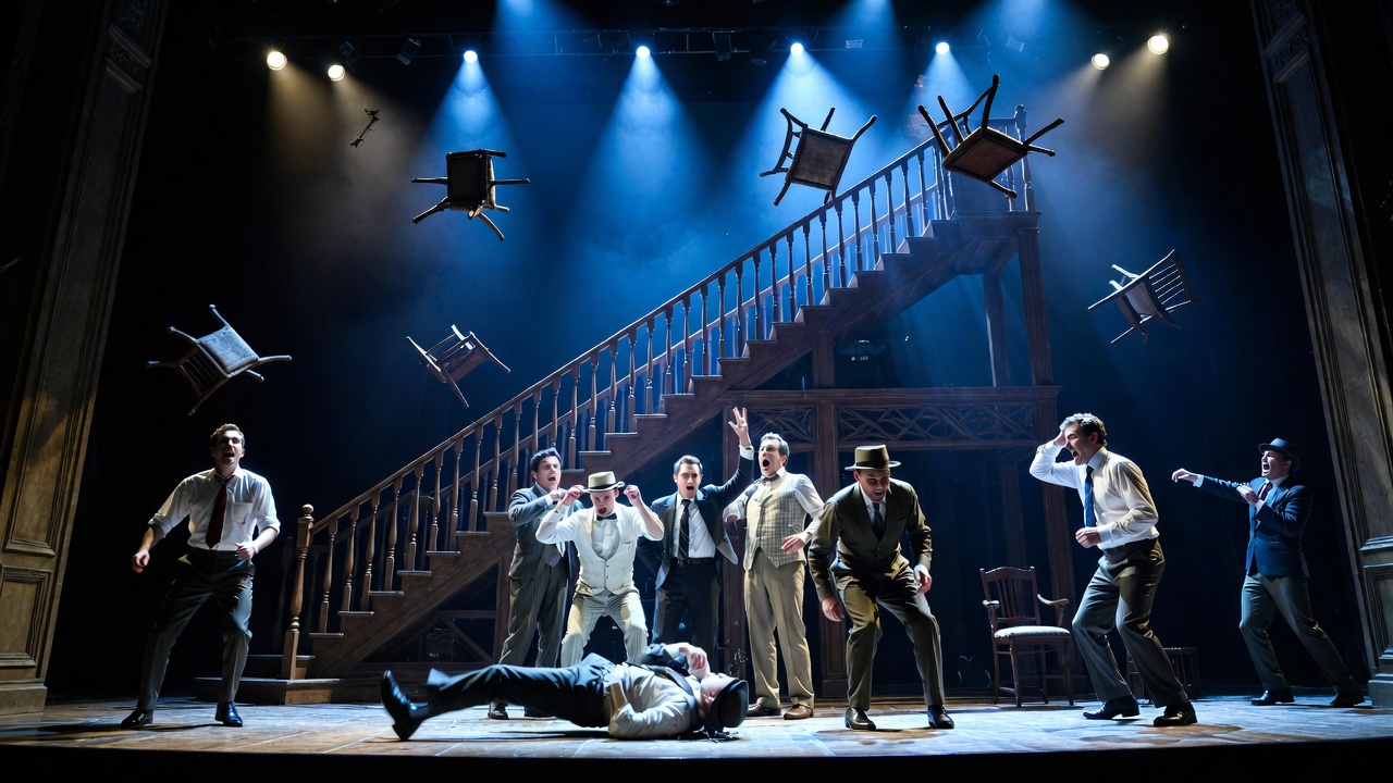 Iconic collapsing staircase and flying furniture chaos scene from The Play That Goes Wrong