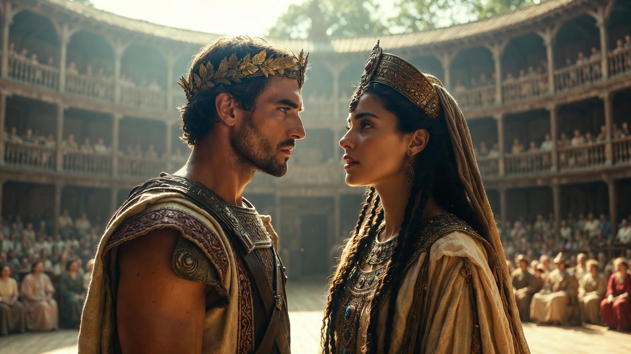 Mark Antony and Cleopatra on the Globe Theatre stage in a passionate historical moment