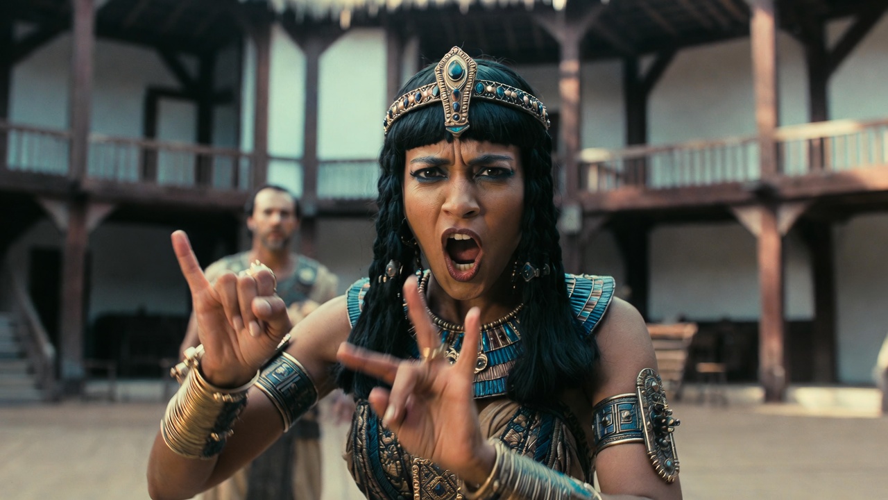 Cleopatra signing in BSL during the 2024 bilingual Antony and Cleopatra at Shakespeare's Globe