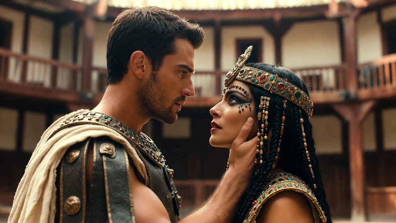 Nadia Nadarajah as Cleopatra and John Hollingworth as Antony in an emotional embrace, 2024 Globe production