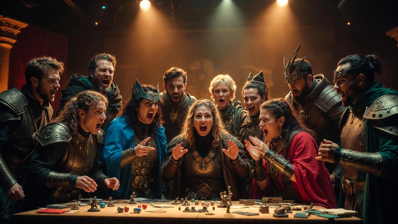 Critical Role Bells Hells cast ensemble acting on stage like Shakespearean troupe dramatic performance