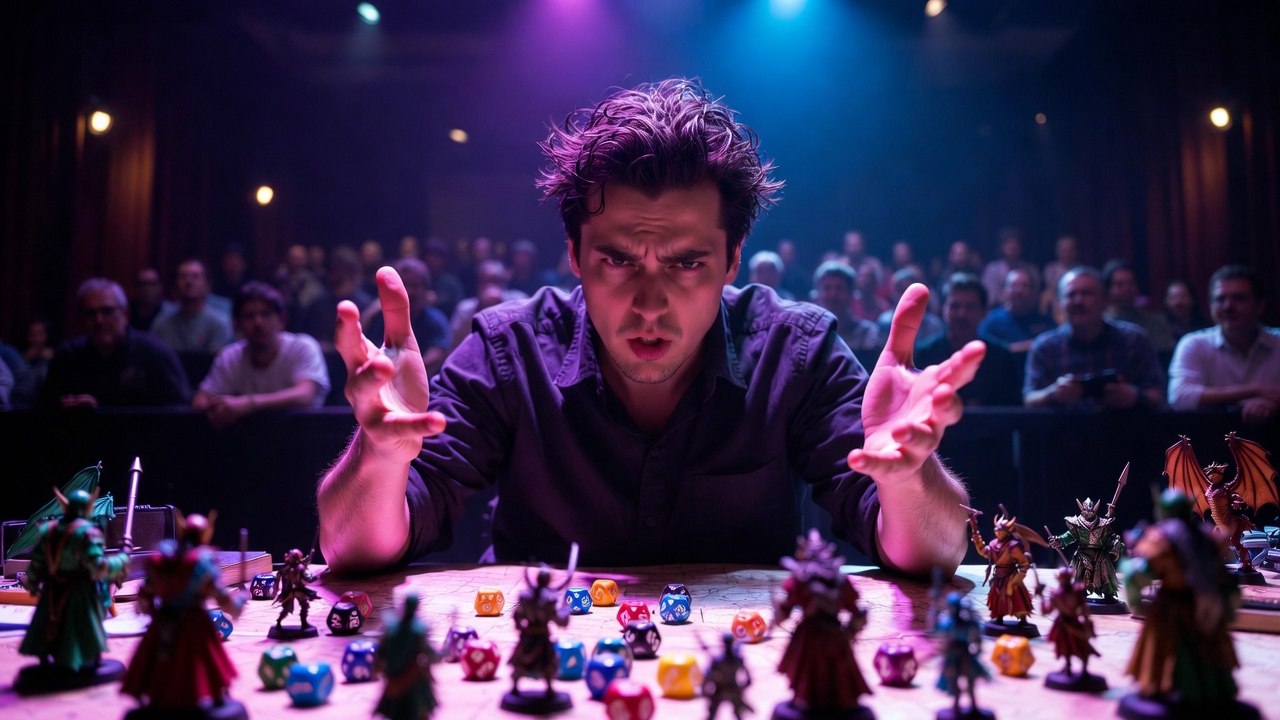 Brennan Lee Mulligan as Master of Ceremonies narrating Critical Role live at Greek Theatre dramatic storytelling