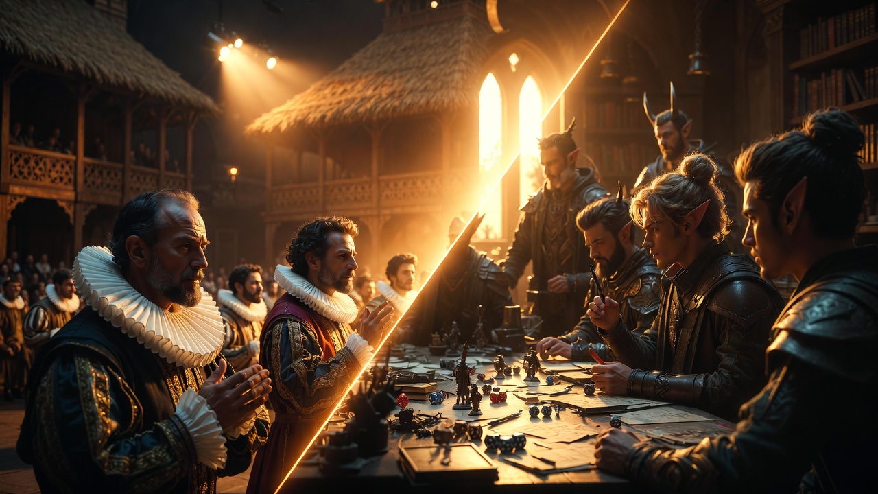 Shakespearean theater meets modern Critical Role D&D storytelling fusion ensemble performance bridge