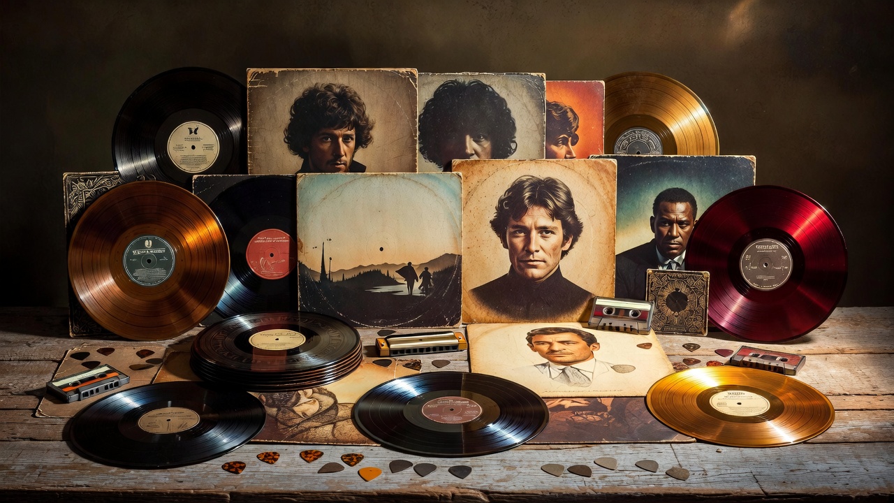 Collection of Uncle Lucius albums and vinyl records arranged in rustic Americana style, representing their discography journey