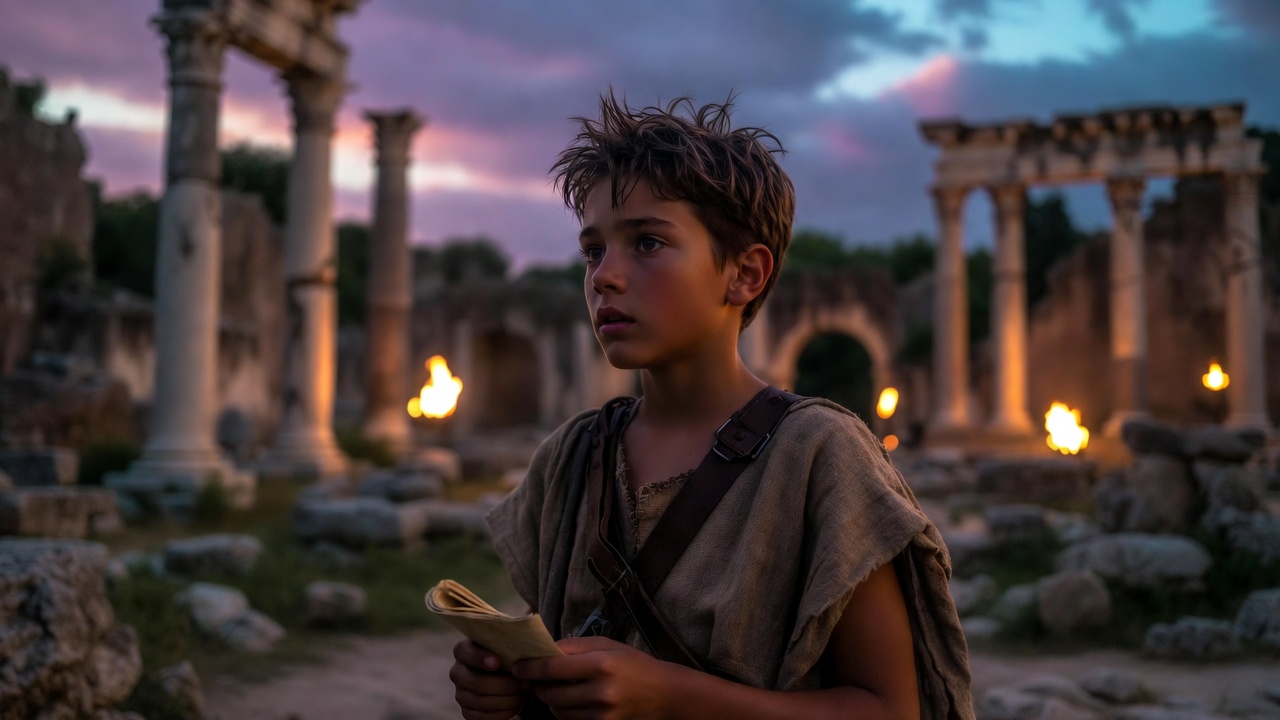 Young Lucius character from Shakespeare's Titus Andronicus in ancient Roman setting, symbolizing legacy and survival