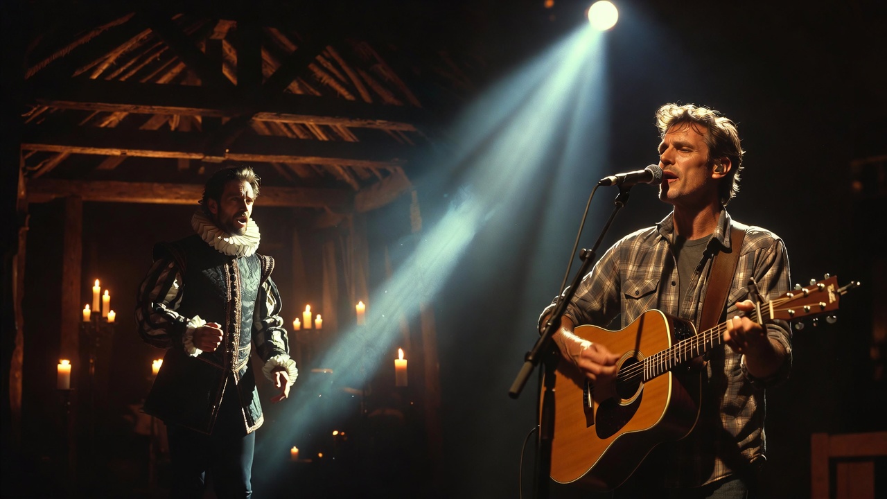 Juxtaposition of Shakespearean theater stage and modern Uncle Lucius live performance, highlighting storytelling parallels