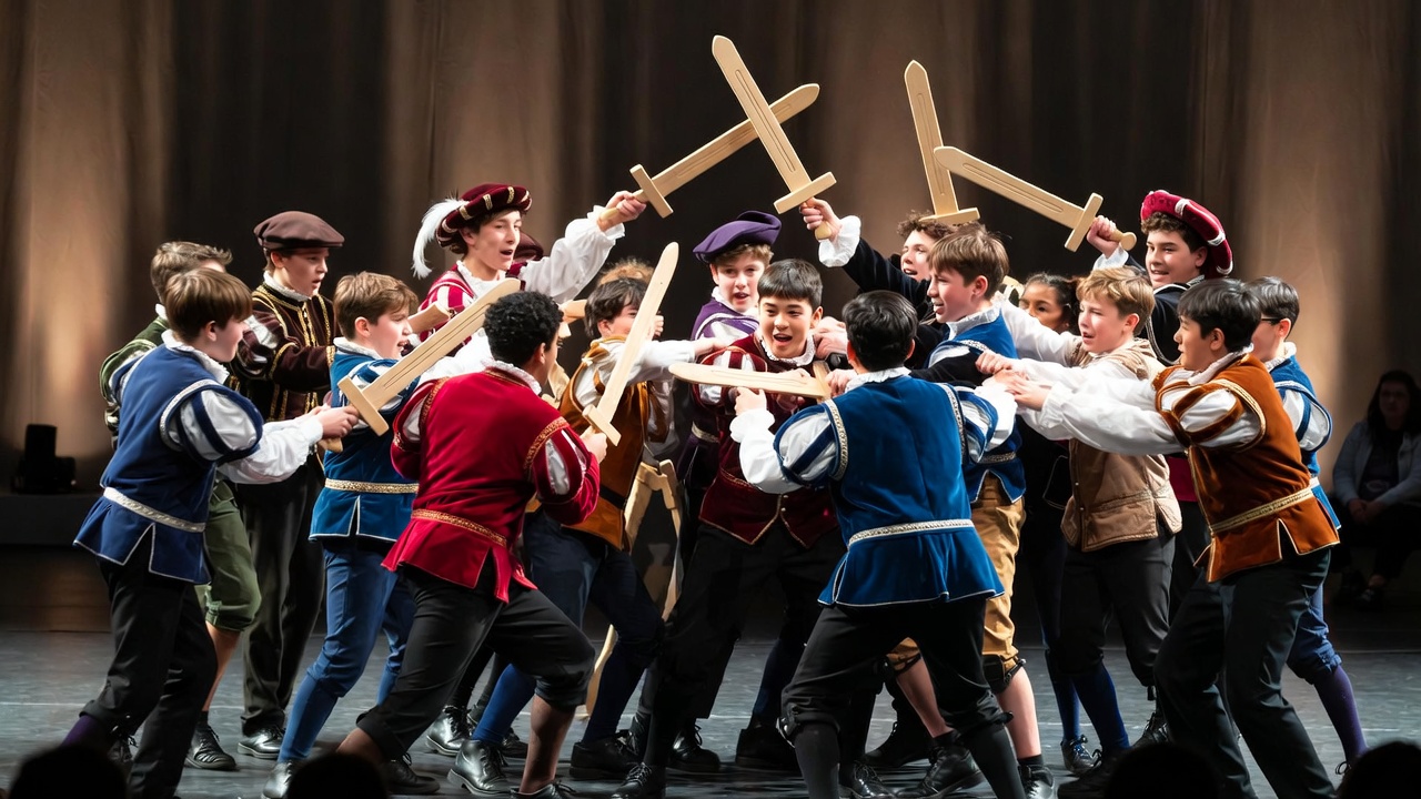 Ensemble cast rehearsing Shakespeare Romeo and Juliet street brawl scene in school theater performance