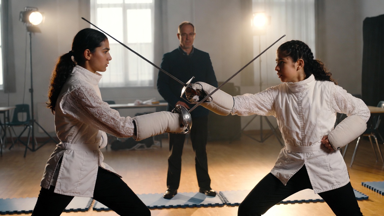 Safe stage combat rehearsal of Shakespeare duel by students with foam swords in school setting