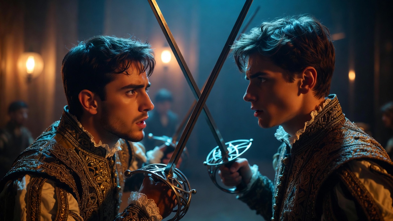 Students acting intense Hamlet vs Laertes poisoned rapier duel in Shakespeare school production