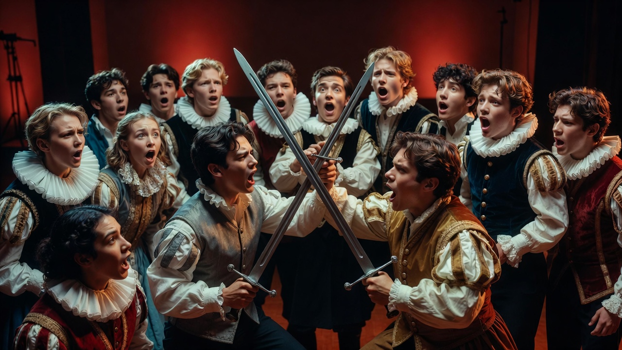 Shakespeare fight scene performance showing themes of revenge and tragedy in high school theater