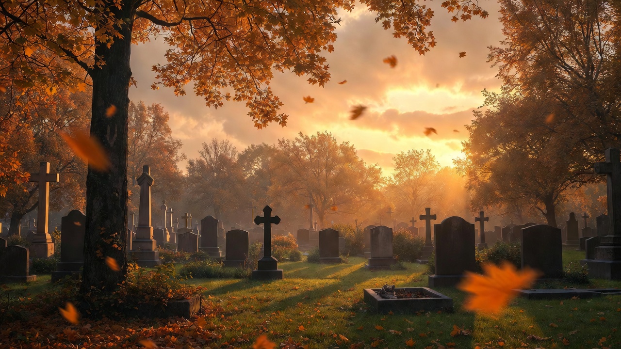 Serene sunset graveyard with autumn trees evoking peace and eternal presence in nature