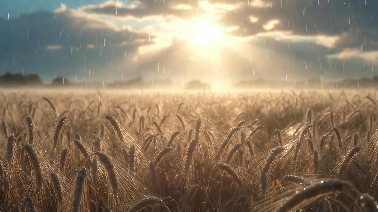 Autumn rain on golden wheat field symbolizing gentle renewal and immortality in nature