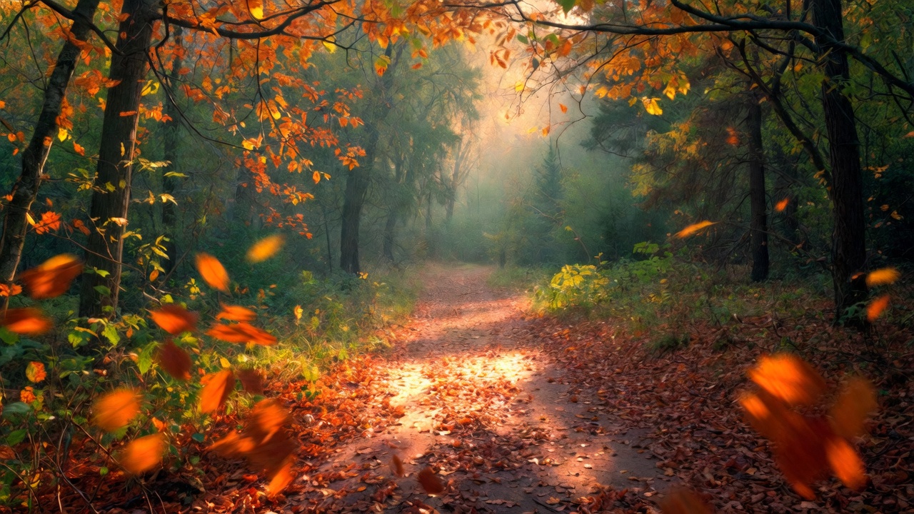 Autumn forest path at dusk representing healing journey through nature and literary comfort